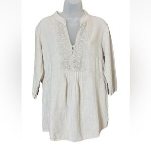 Lungo L’Arno Tunic Linen Top Womens L Beige 3/4 Sleeve Lace Crochet Button Front